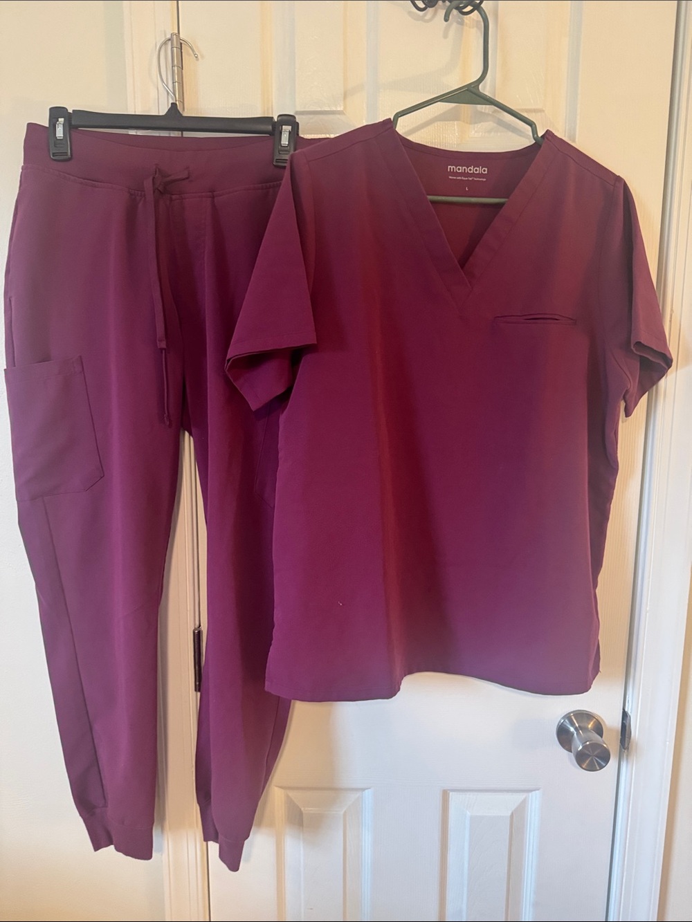Mandala Women's V-Neck Scrub Top and Jogger Set in Plum